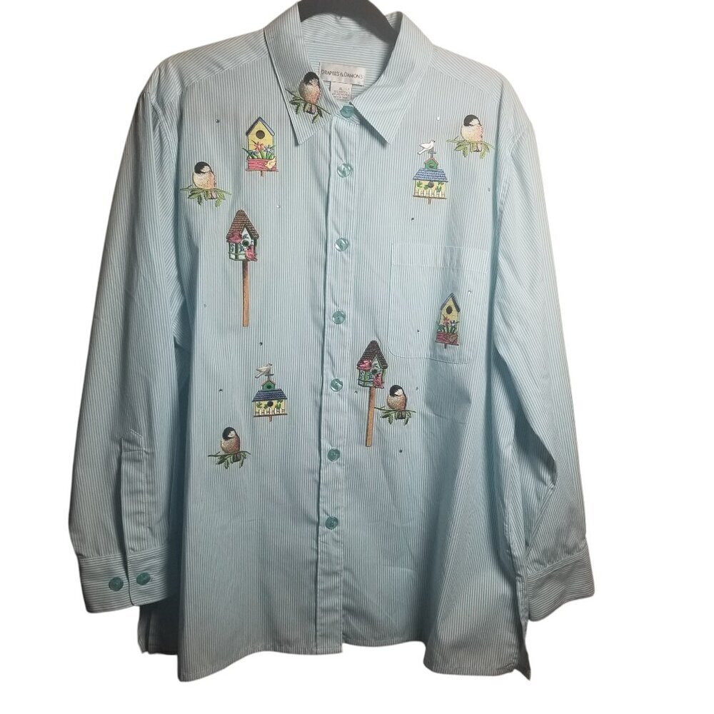 Women's Sequin Birdhouse Embroidered Whimsical Quirky Blue Stripe Shirt Sz XL